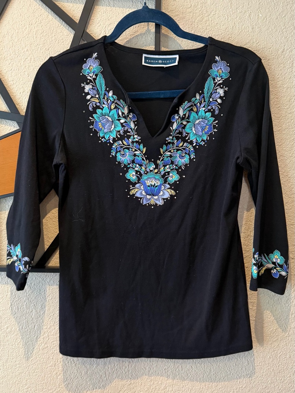 Karen Scott Black Long-Sleeve V-Neck Top with Blue & Teal Floral Embroidery